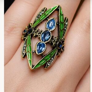 Art Deco Dragonfly Ring – Green Enamel, Blue Crystal Statement Ring (Gold-Tone)